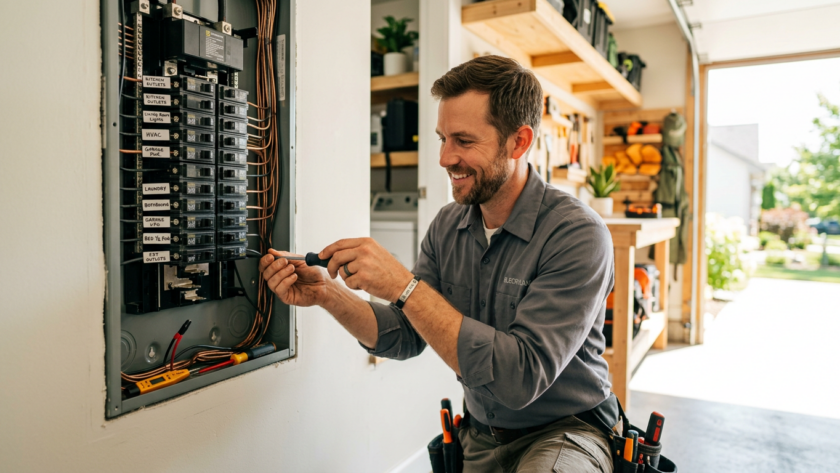 Electrician completing an electrical panel upgrade in a home