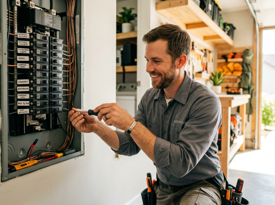 Electrician completing an electrical panel upgrade in a home