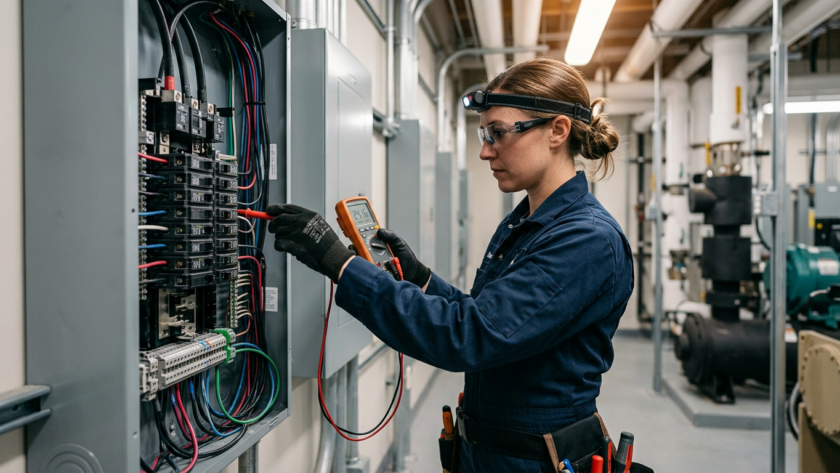 Electrician performing preventive electrical maintenance on a commercial panel