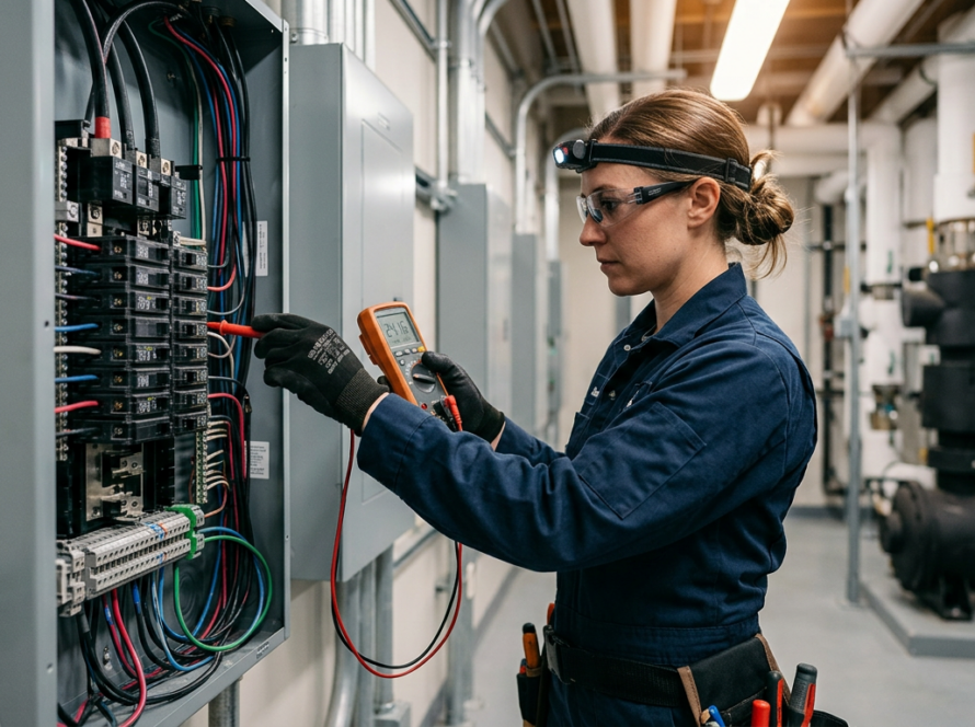 Electrician performing preventive electrical maintenance on a commercial panel